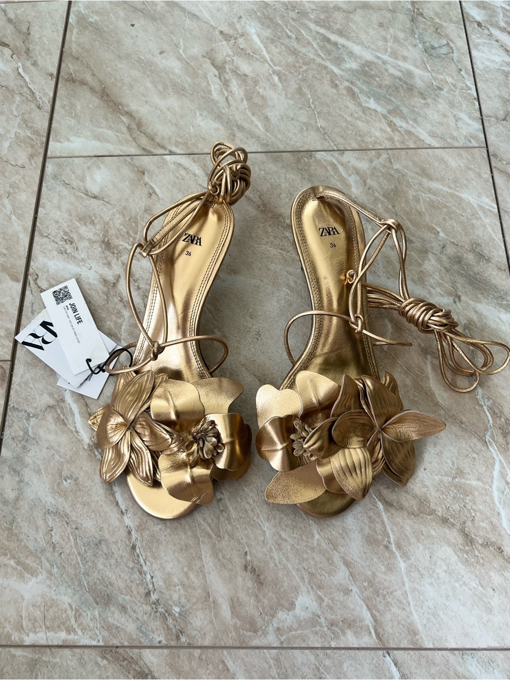 ZARA Gold Floral Lace-Up Women’s Sandals